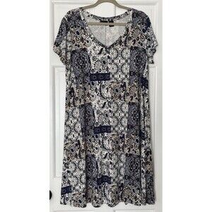 Rachel Zoe Dress 1X Blue Floral Patchwork Jersey Stretch Casual Boho Cottage